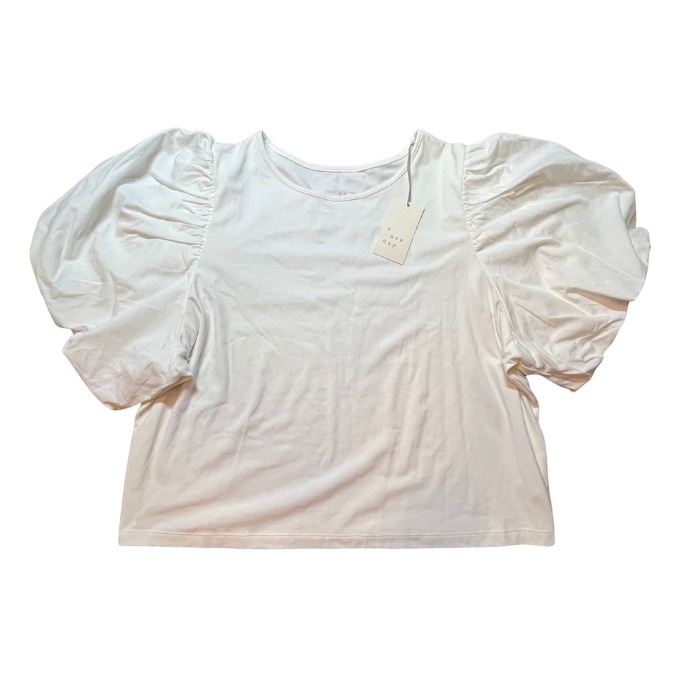 NWT White Puff Short Sleeve T-Shirt Blouse XXL Cropped Cotton Blend Preppy